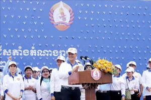 Ứng cử viên của đảng Nhân dân Campuchia (CPP) Hun Manet phát biểu trong cuộc vận động tranh cử ở Phnom Penh, ngày 21-7-2023