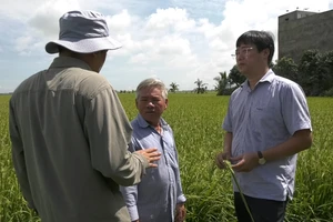 Bí thư Tỉnh ủy Đồng Tháp Lê Quốc Phong trao đổi với người dân trồng lúa hữu cơ trong vùng dự án bảo tồn sếu đầu đỏ