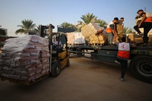 Hàng viện trợ cho người dân Palestine. Ảnh: RNR