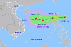 Vị trí của áp thấp nhiệt đới trưa 16-9 và dự báo hướng di chuyển. Nguồn: Trung tâm Dự báo khí tượng - thủy văn quốc gia