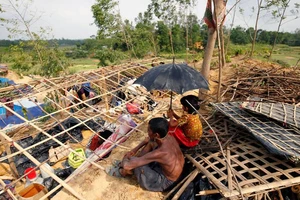 Người tị nạn Rohingya ngồi nhìn ngôi nhà bị phá hủy nghiêm trọng sau cơn bão Mora tại trại tị nạn Balukhali Makeshift ở Cox's Bazar, Bangladesh ngày 31-5-2017. Ảnh: REUTERS 