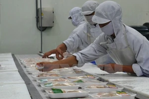 Công nhân dán nhãn mác lên các hộp đựng thịt gà xuất khẩu. Ảnh: TTXVN