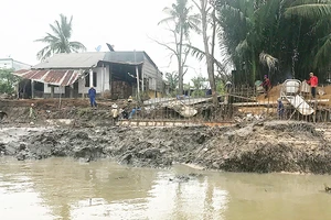 Khu Quản lý đường thủy nội địa (thuộc Sở GTVT TPHCM) đang thi công dự án xây kè chống sạt lở tại huyện Nhà Bè