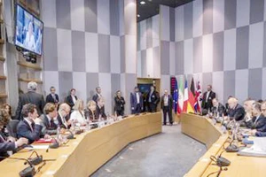 Toàn cảnh cuộc họp giữa Đại diện cấp cao EU về chính sách an ninh và đối ngoại Federica Mogherini với Ngoại trưởng Iran, Anh, Pháp và Đức tại Brussels, Bỉ ngày 15-5
