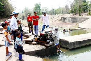 Người dân huyện miền núi Hướng Hóa (Quảng Trị) nỗ lực bơm nước từ dòng sông cạn cứu cây trồng khô hạn