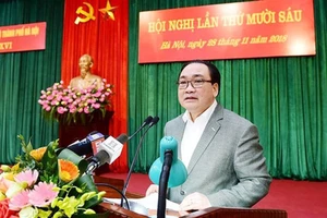 Bí thư Thành ủy Hà Nội Hoàng Trung Hải phát biểu bế mạc Hội nghị lần thứ 16 Ban Chấp hành Đảng bộ TP Hà Nội ngày 28-11. Ảnh: ANTĐ