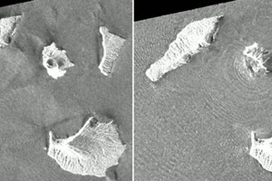 Núi lửa Anak Krakatoa trước (ảnh trái) và sau khi phun trào ngày 22-12-2018 (ảnh phải), với một khu vực khoảng 2 km² của núi lửa đã sụp đổ xuống biển. Hình ảnh chụp từ vệ tinh ALOS-2 của Cơ quan Không gian Nhật Bản (JAXA)