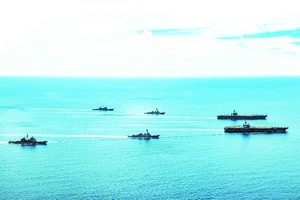 Nhóm tàu sân bay Mỹ tập trận ở Biển Đông ngày 17-7. Ảnh: Twitter của Hạm đội Thái Bình Dương, Mỹ