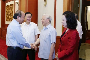 Tổng Bí thư, Chủ tịch nước Nguyễn Phú Trọng tại buổi làm việc của tập thể Bộ Chính trị với Ban Thường vụ Thành ủy Hà Nội. Ảnh: TTXVN