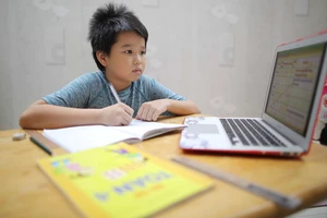 Em V.M.K (học sinh lớp 4, Trường Tiểu học Trần Khánh Dư) trong giờ học trực tuyến. Ảnh: DŨNG PHƯƠNG