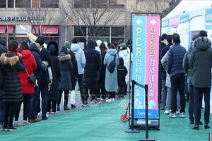 Người dân xếp hàng chờ xét nghiệm Covid-19 tại Seoul, Hàn Quốc, ngày 18-2-2022. Ảnh: THX/TTXVN