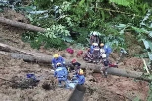 Lực lượng cứu hộ tìm kiếm người mất tích tại hiện trường vụ lở đất ở bang Selangor, Malaysia, ngày 16-12. Ảnh: TWITTER/TTXVN