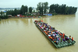 Cầu phao trợ lực giúp người dân di tản khỏi vùng lụt. Ảnh: China Daily