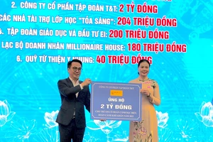 Đại diện lãnh đạo Tập đoàn T&T Group (trái) trao 2 tỷ đồng cho Trung tâm Công tác xã hội và Quỹ Bảo trợ trẻ em Hà Nội nhằm hỗ trợ trẻ em có hoàn cảnh đặc biệt, hoàn cảnh khó khăn. Ảnh: Hanoimoi