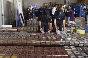 Gần 10 tấn cocaine bị cảnh sát và hải quan Tây Ban Nha thu giữ được công bố trong cuộc họp báo tại cảng Algeciras, ngày 25-8-2023. Ảnh: AFP/TTXVN