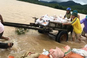 Người dân xã Nghi Văn (Nghi Lộc, Nghệ An) nỗ lực ngăn nước tràn qua đập Gà 