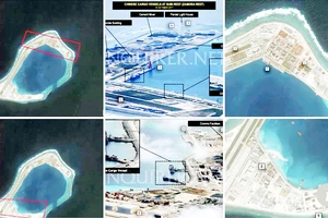 Sơ đồ vị trí mà Trung Quốc đã đưa tên lửa chống hạm, tên lửa đất đối không tầm xa lên 3 đảo nhân tạo: Đá Chữ Thập, Đá Xu Bi và Đá Vành Khăn. Ảnh: REUTERS