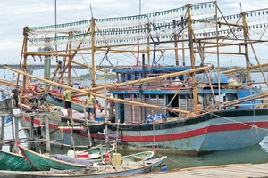 Ngư dân Quảng Nam tất bật chuẩn bị ngư cụ, trữ những bao đá cho chuyến vươn khơi đánh bắt trên vùng biển thuộc chủ quyền Việt Nam. Ảnh: NGỌC PHÚC