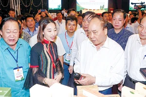 Thủ tướng Nguyễn Xuân Phúc thăm gian trưng bày các sản phẩm được chế biến từ hạt mắc ca. Ảnh: TTXVN