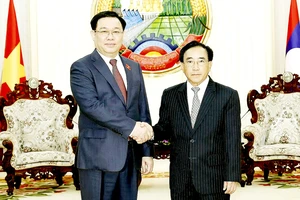 Chủ tịch Quốc hội Vương Đình Huệ hội kiến Thủ tướng Lào Phankham Viphavanh. Ảnh: TTXVN