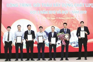 Ông Lê Văn Nam - Phó TGĐ (thứ 3 từ trái qua) đại diện Tập đoàn Xây dựng Hòa Bình đón nhận giải thưởng của Bộ Xây dựng