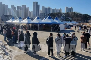 Người dân xếp hàng chờ xét nghiệm Covid-19 tại Gangneung, Hàn Quốc, ngày 6-1-2022. Ảnh: TTXVN