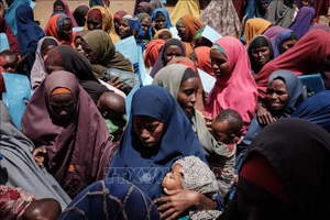 Các bà mẹ chờ nhận thực phẩm dinh dưỡng cho con tại một trại tị nạn ở Baidoa, Somalia. Ảnh: AFP/TTXVN