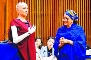 Phó tổng Thư ký LHQ Amina J. Mohammed trò chuyện với robot Sophia