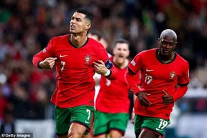 Cristiano Ronaldo ăn mừng bàn thắng vào lười Ba Lan