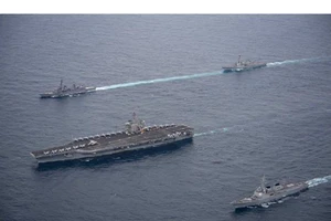Cuộc tập trận hải quân chung của 3 nước hồi tháng 4 vừa qua. Ảnh: QNA
