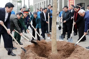 Chủ tịch Quốc hội Nguyễn Thị Kim Ngân và các Phó Chủ tịch Quốc hội tự tay trồng cây tại sân Nhà Quốc hội. Ảnh: TTXVN