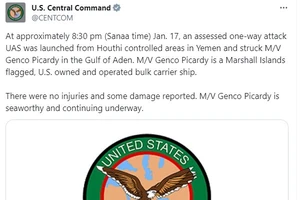 Thông báo của Bộ Chỉ huy trung tâm Mỹ trên mạng xã hội X về vụ tấn công của Houthi