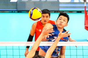 Trương Thế Khải đang chơi tốt tại AVC Challenge Cup 2023 cùng đội tuyển bóng chuyền nam Việt Nam. Ảnh: AVC