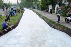 Lớp bọt trắng xóa xuất hiện từ chiều ngày 25-2 trên đoạn kênh N10A qua 2 xã Tam Phước, Tam An (huyện Phú Ninh, Quảng Nam)