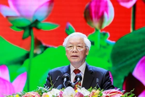 Tổng Bí thư, Chủ tịch nước Nguyễn Phú Trọng đọc diễn văn tại buổi lễ. Ảnh: VIẾT CHUNG