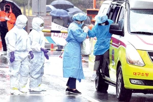 Nhân viên y tế đón bệnh nhân nhiễm Covid-19 tại một bệnh viện ở Daegu, Hàn Quốc. Ảnh: THX