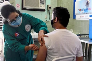 Nhân viên y tế tiêm thử nghiệm vaccine Soberana 2 phòng Covid-19 của Cuba cho tình nguyện viên tại La Habana, ngày 31-3-2021. Ảnh: AFP/TTXVN