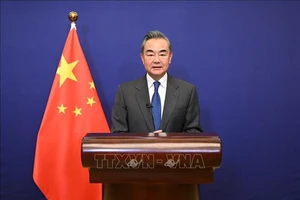 Bộ trưởng Ngoại giao Trung Quốc Vương Nghị tại cuộc họp trực tuyến ở Bắc Kinh, Trung Quốc, ngày 25-2-2022. Ảnh: THX/TTXVN