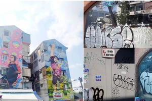 Hãy làm đẹp thành phố với những bức bích họa (bên trái), thay vì hình vẽ graffiti cẩu thả (bên phải)