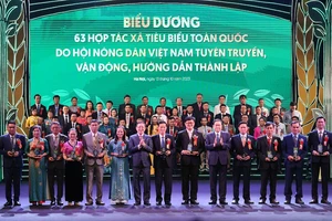Phó Chủ tịch thường trực Quốc hội Trần Thanh Mẫn và Chủ tịch T.Ư Hội Nông dân Việt Nam Lương Quốc Đoàn trao kỷ niệm chương cho đại diện những hợp tác xã tiêu biểu