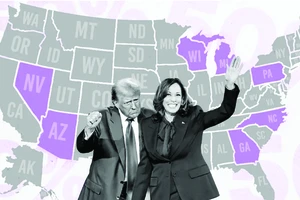 Ứng viên đảng Cộng hòa Donald Trump và ứng viên đảng Dân chủ Kamala Harris có tỷ lệ ủng hộ sít sao tại 7 bang chiến trường (màu tím). Ảnh: RNZ