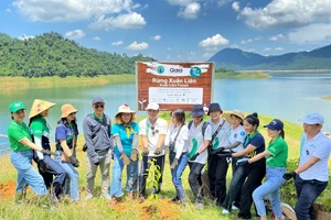 Đại diện Manulife Việt Nam cùng đại diện Trung tâm Bảo tồn Thiên nhiên Gaia đánh dấu hoàn thành việc góp trồng 4.000 cây xanh tại rừng Xuân Liên