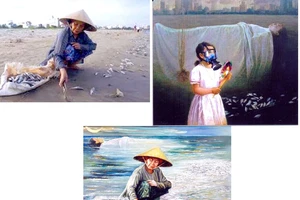 Từ trái sang: Bức ảnh "Biển chết" đăng trên báo Thanh Niên, bức tranh của họa sĩ Lê Thế Anh bà bức tranh "Biển chết" của họa sĩ Nguyễn Nhân. Ảnh: HÀM LUÔNG chụp lại