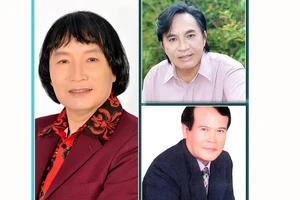 NSƯT Minh Vương (ảnh lớn), NSƯT Thanh Tuấn (sơ mi hồng), NSƯT Giang Châu (áo vest)