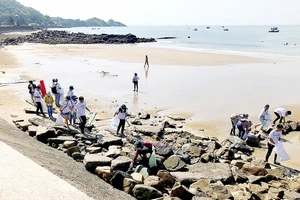 Các tình nguyện viên thực hiện thu gom rác thải nhựa trên bãi biển