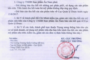 Thu hồi trên toàn quốc 6 sản phẩm mỹ phẩm do Công ty TNHH thực phẩm Ân Nam nhập khẩu