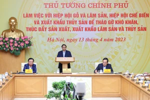 Thủ tướng chủ trì hội nghị tháo gỡ khó khăn, thúc đẩy sản xuất, xuất khẩu lâm sản, thủy sản. Ảnh: VIẾT CHUNG