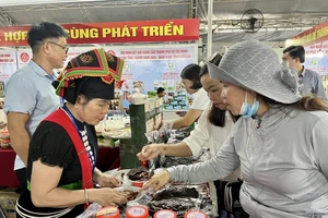 Gian hàng đặc sản Điện Biên của bà Lò Thị Sương tại Nhà thi đấu thể dục thể thao Phú Thọ khá đông khách