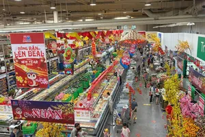 Người dân mua sắm Tết 2025 tại MM Mega Market An Phú (phường Bình Trưng, TPHCM)