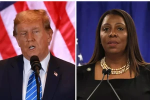 Cựu Tổng thống Donald Trump phát biểu tại Mar-a-Lago hôm 5-3 ở Palm Beach, Florida và Tổng chưởng lý New York Letitia James - người chuẩn bị tịch thu tài sản của ông Trump để trả khoản tiền phạt 464 triệu USD. Ảnh: GETTY IMAGES